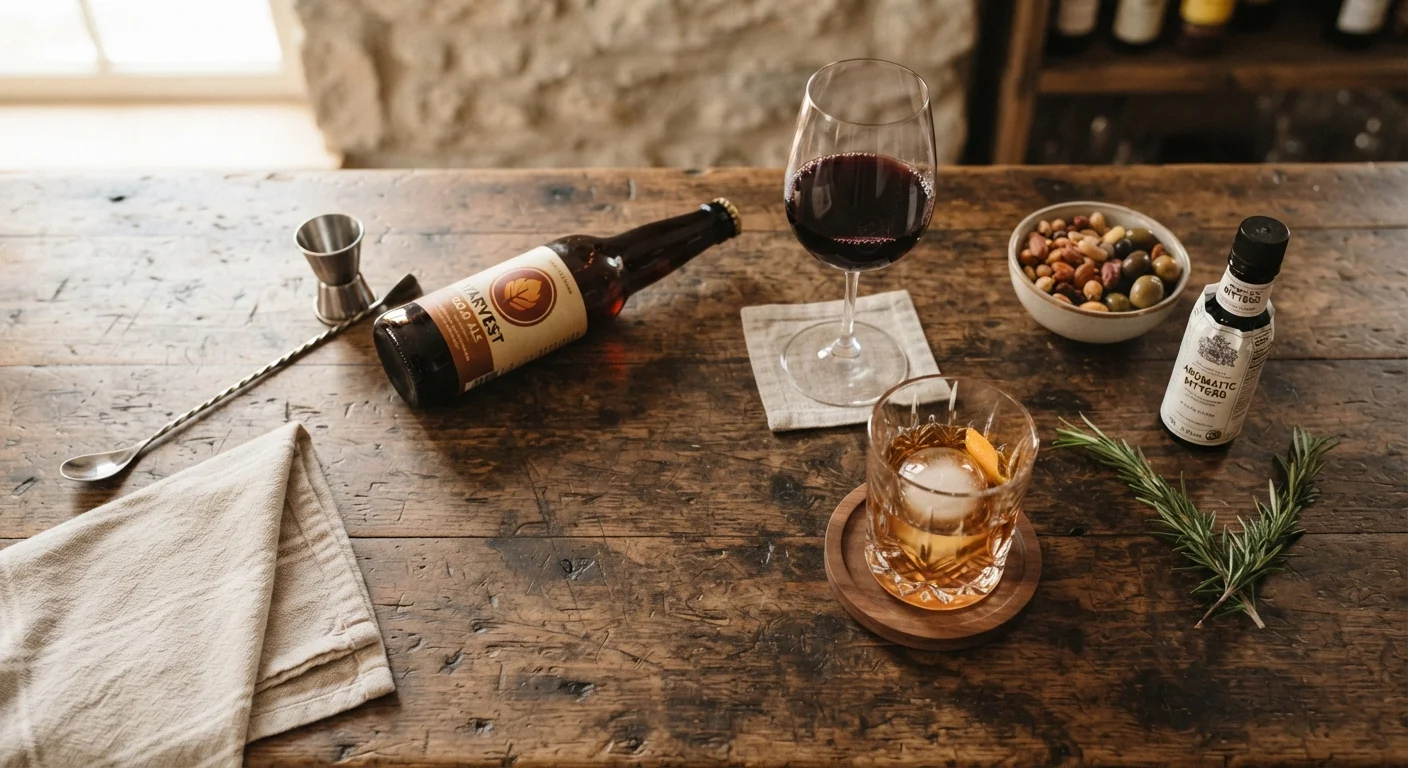 Assorted alcoholic drinks including wine, beer, and spirits arranged on a wooden bar surface
