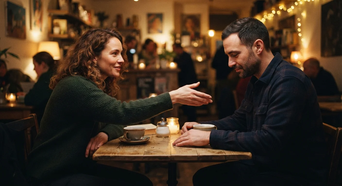 Two people sitting across from each other, one reaching out in a gesture of reconciliation