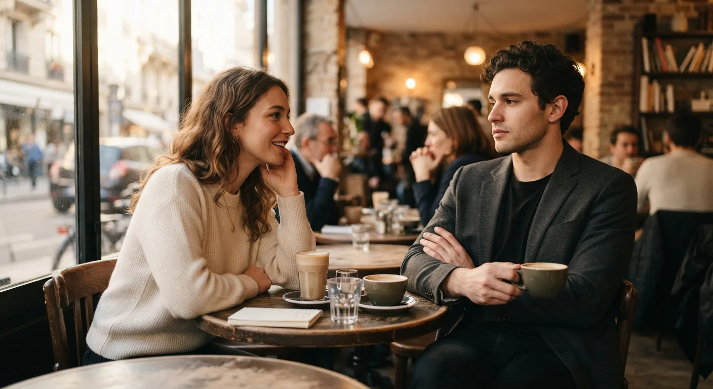 Two people at a café table displaying contrasting body language — one open and leaning in, the other reserved
