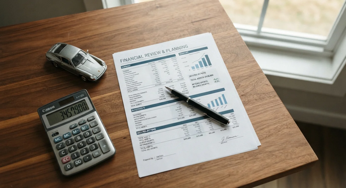 Financial documents, a pen, model car, and calculator arranged on a wooden desk