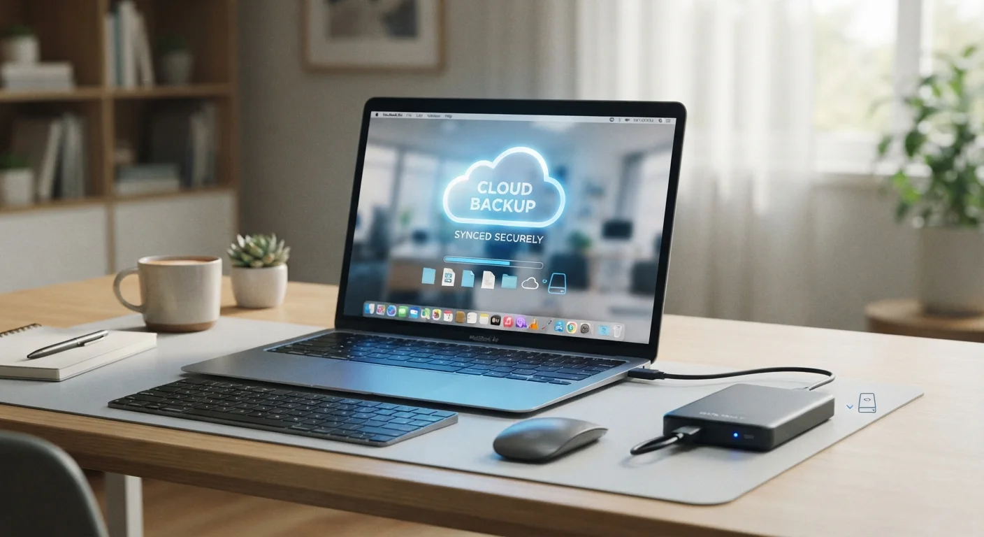 Laptop connected to external hard drive with cloud backup icon displayed on screen.