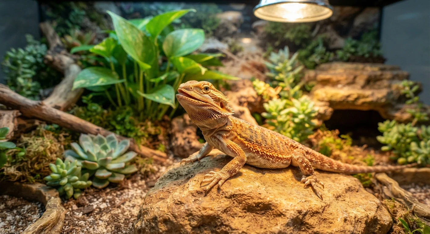 Young bearded dragon basking on a rock inside a naturalistic terrarium with warm lighting