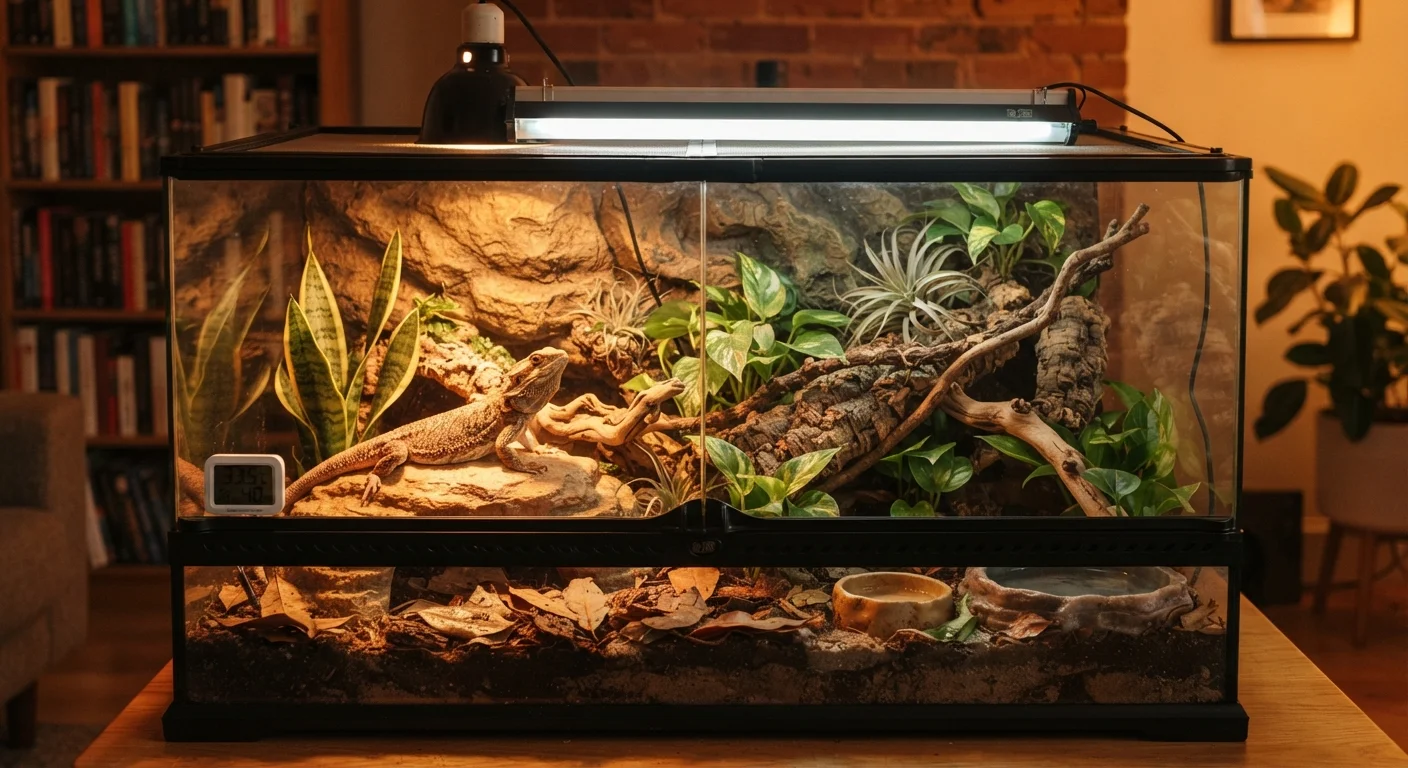 A fully equipped reptile enclosure with UVB lighting, basking rock, and temperature gauges ready for an occupant.