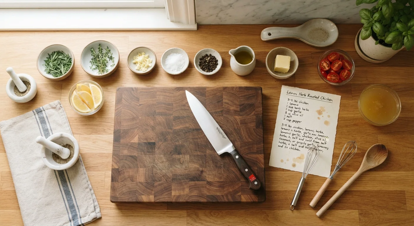 Organized kitchen counter with prepped ingredients in small bowls beside a cutting board and chef's knife.
