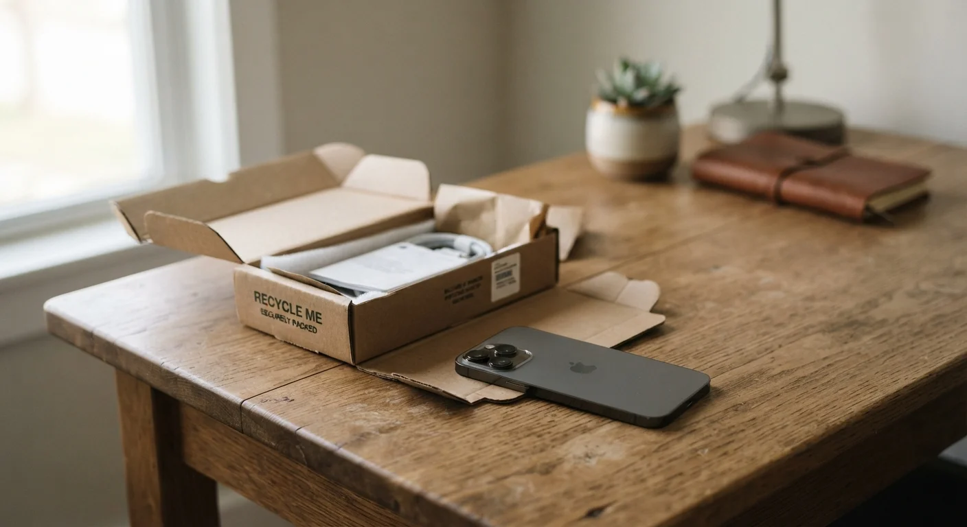 A smartphone placed next to a cardboard box on a wooden desk, ready for handoff.
