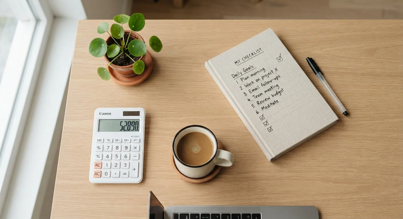 A tidy desk with a checklist notepad, calculator, plant, and coffee mug in natural light