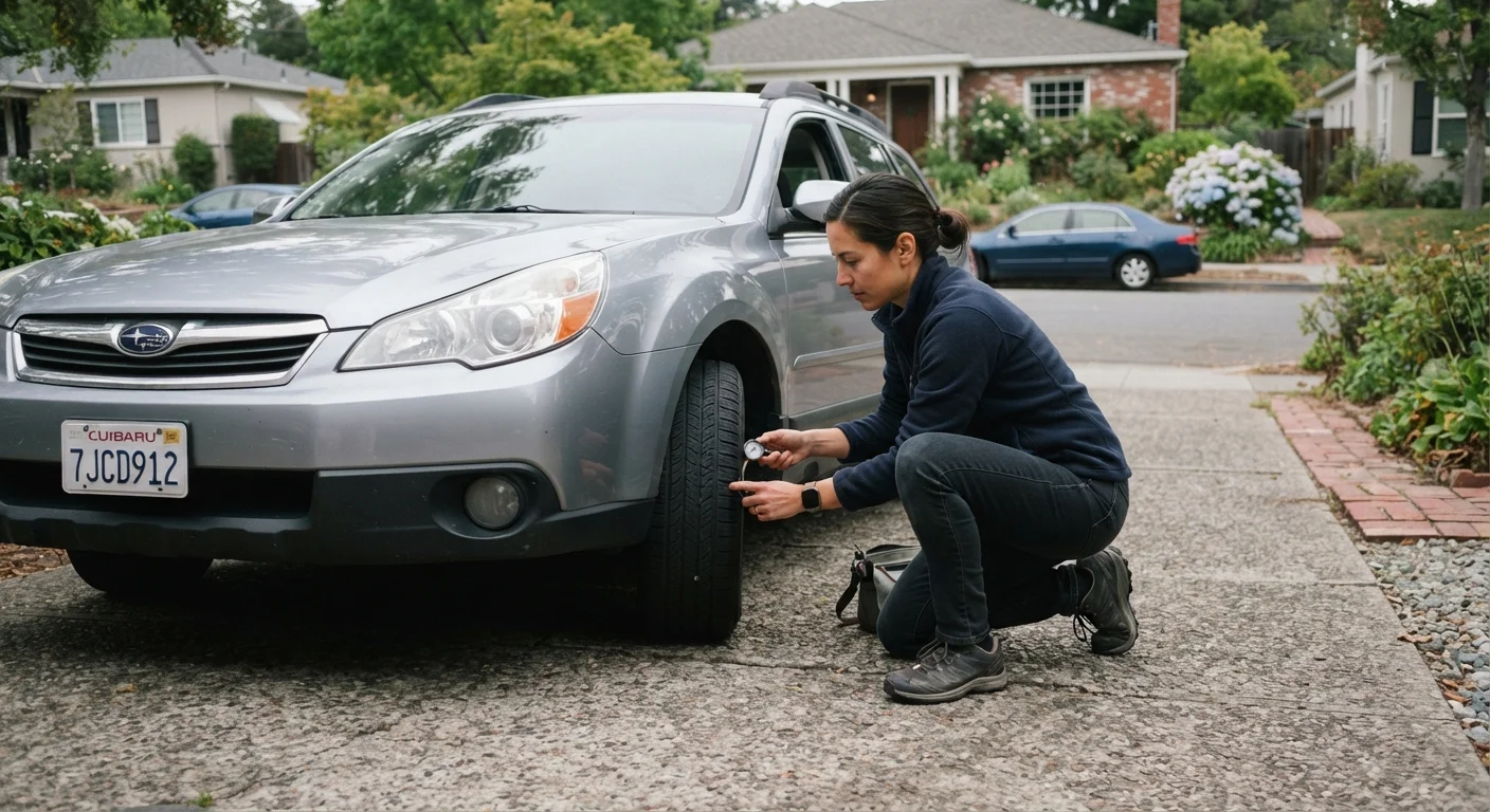 Driver crouching beside a car tire in a driveway to check tire condition before driving