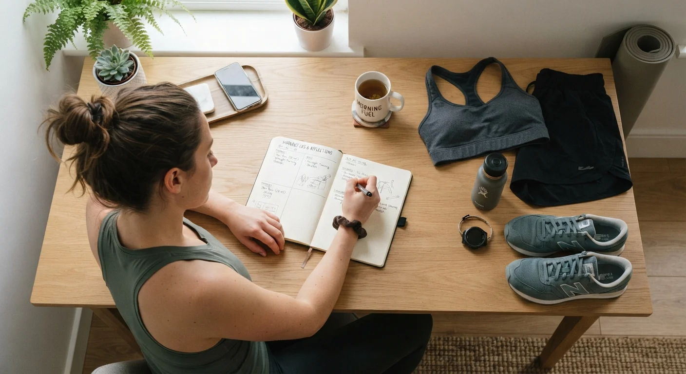 Person planning a workout routine by writing notes at a desk with athletic gear nearby