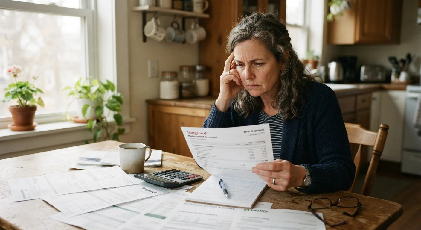 Person reviewing retirement account statements and debt documents at a kitchen table