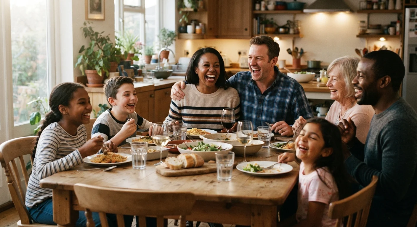 A blended family of adults and children sharing a meal together at a kitchen table