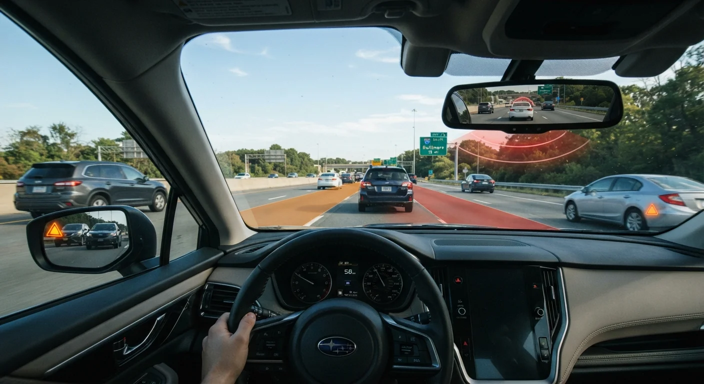 Driver's perspective showing mirrors and illustrated blind spot zones around a vehicle on the highway