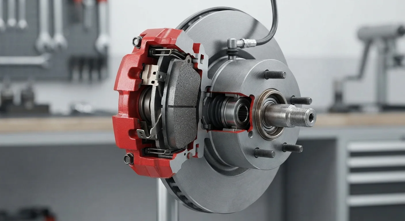 Cross-section diagram of a car brake assembly showing rotor, caliper, and brake pad