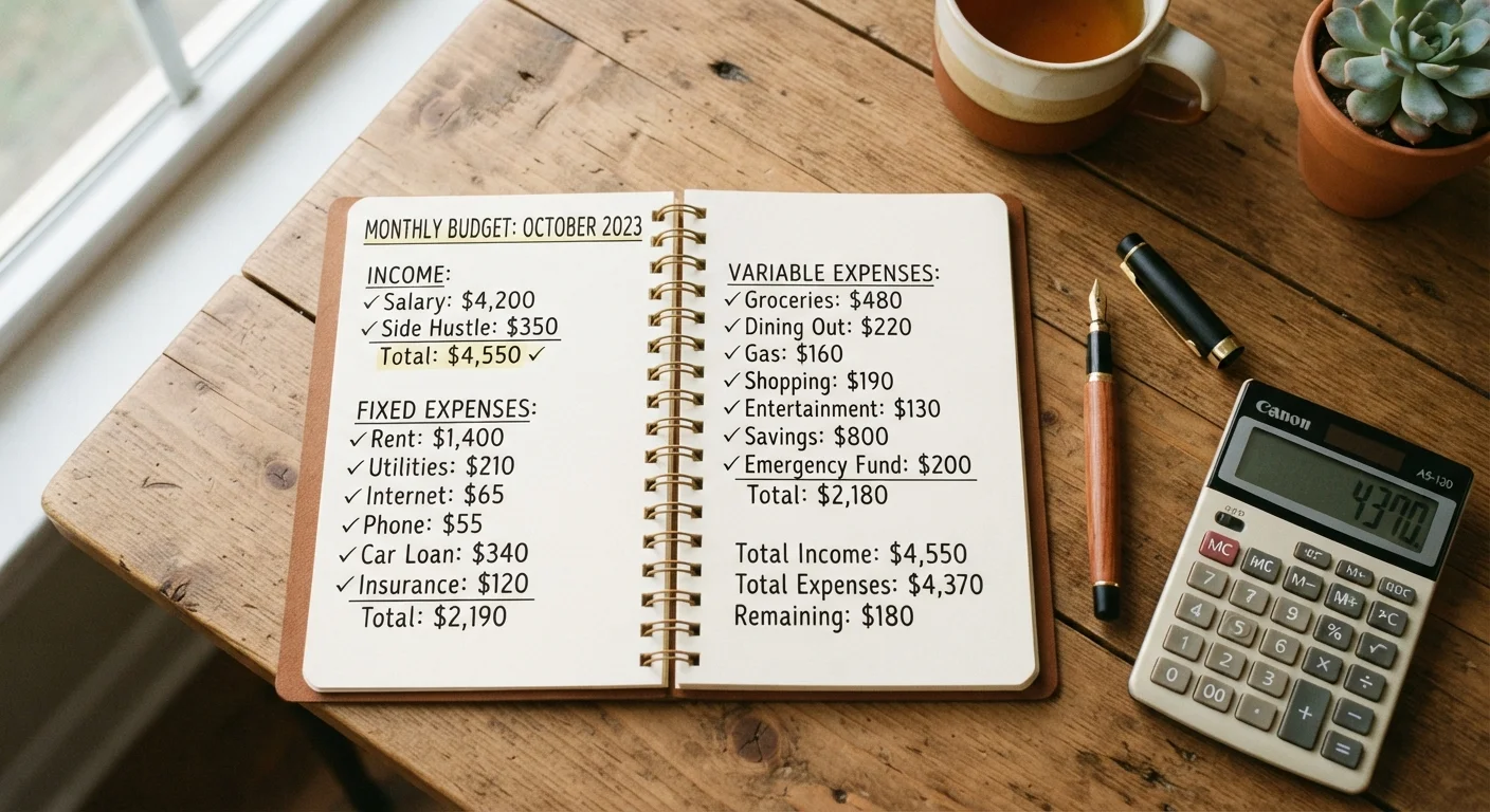 Notebook with budget categories written out, alongside a calculator and pen on a desk