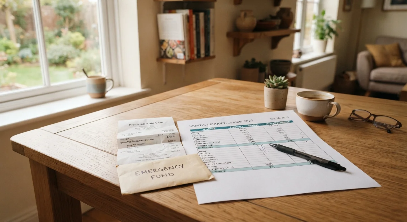 A household budget worksheet on a kitchen table next to a car repair bill and savings envelope