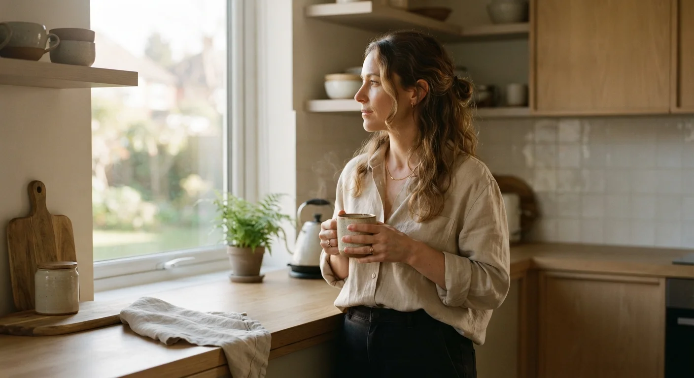 Person pausing mindfully with a coffee mug in a sunlit kitchen in the morning
