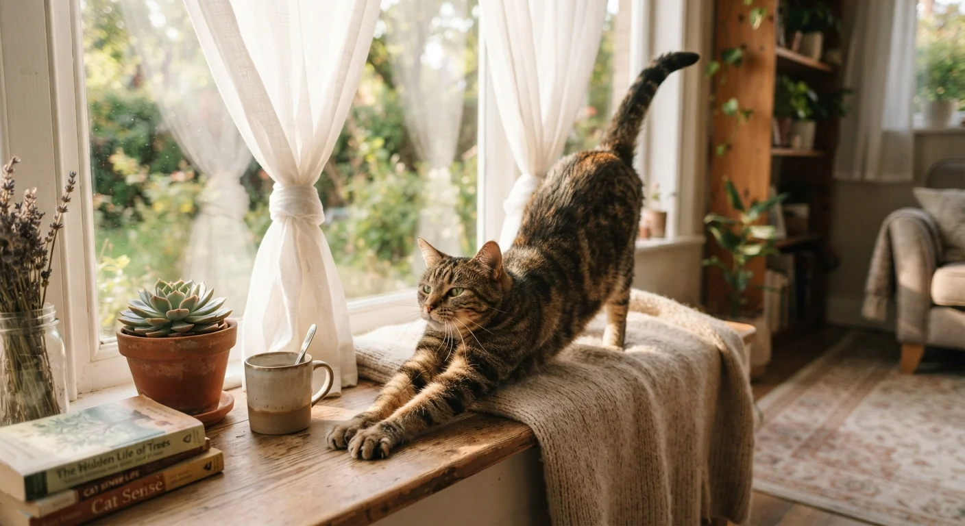 A tabby cat stretching contentedly on a sunlit windowsill in a cozy home.