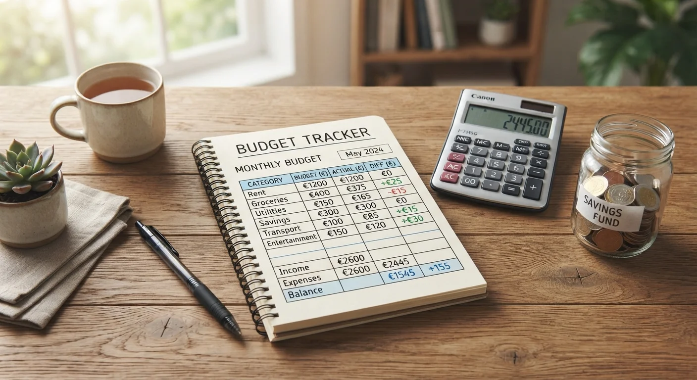 A notepad with a budget chart next to a calculator and a small jar of coins on a desk