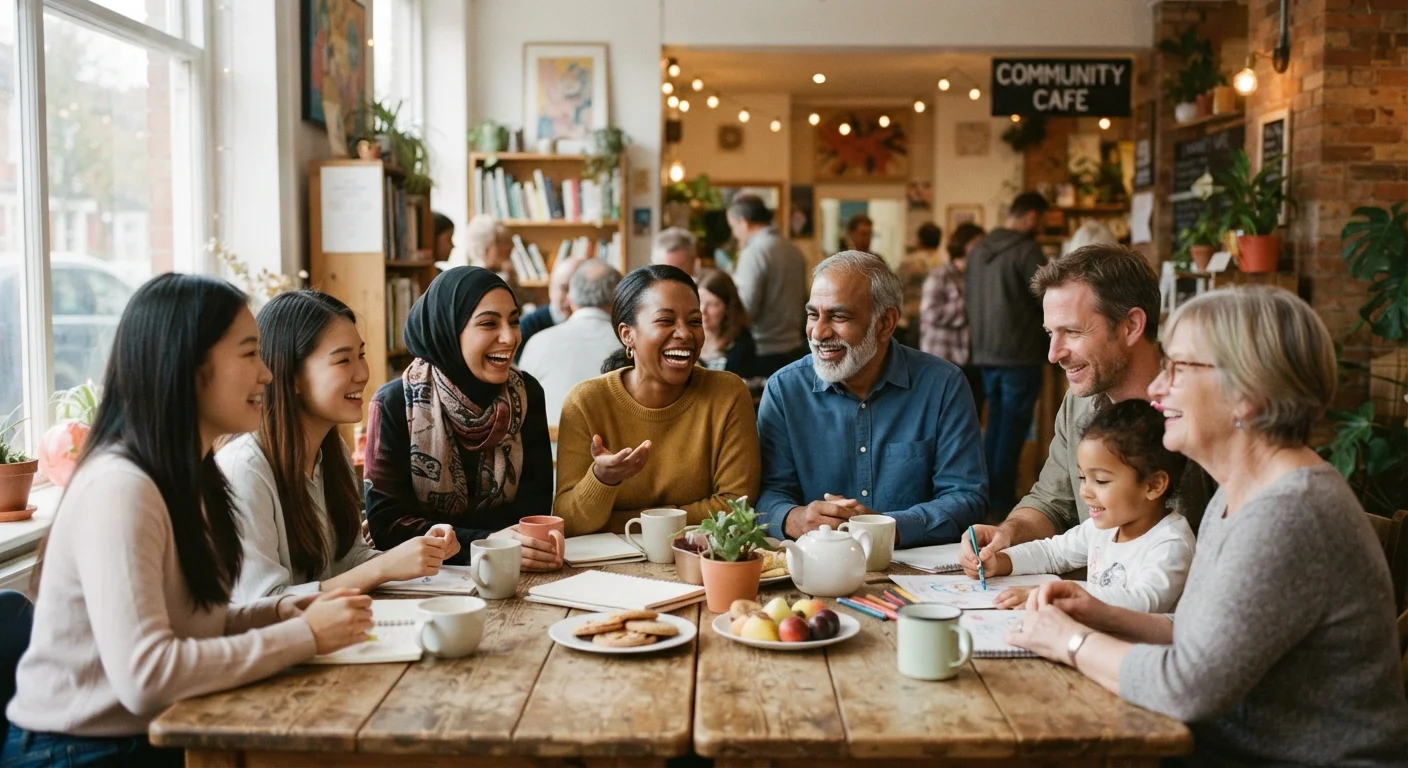 Diverse group of people laughing and talking together in a welcoming community space.