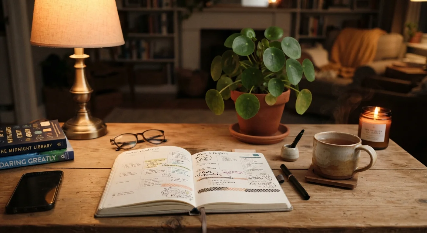 Open planner on a tidy desk with a warm mug and soft lamp light in the evening