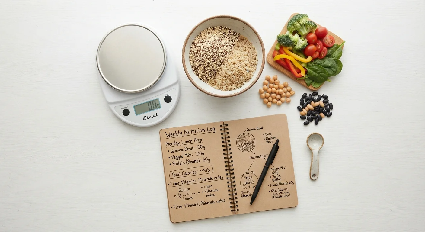 A kitchen scale surrounded by fresh vegetables, grains, and a nutrition notebook on a white surface