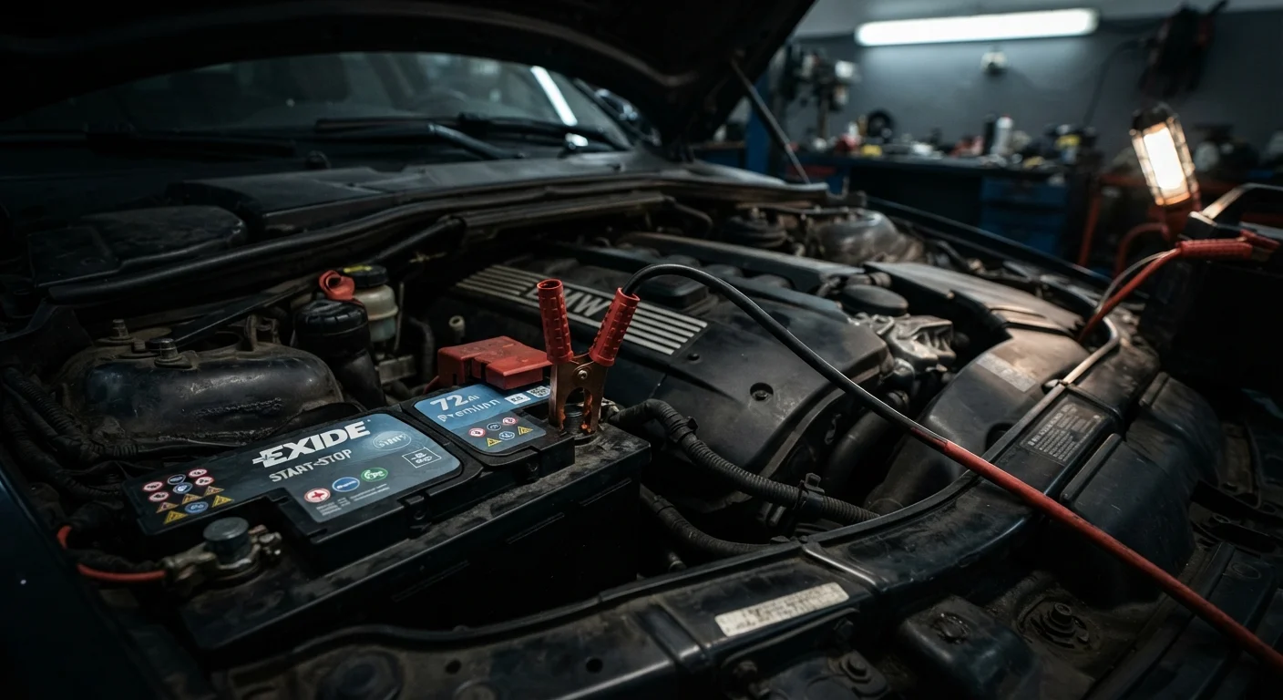 Car battery in an engine bay with jumper cables connected, ready for testing