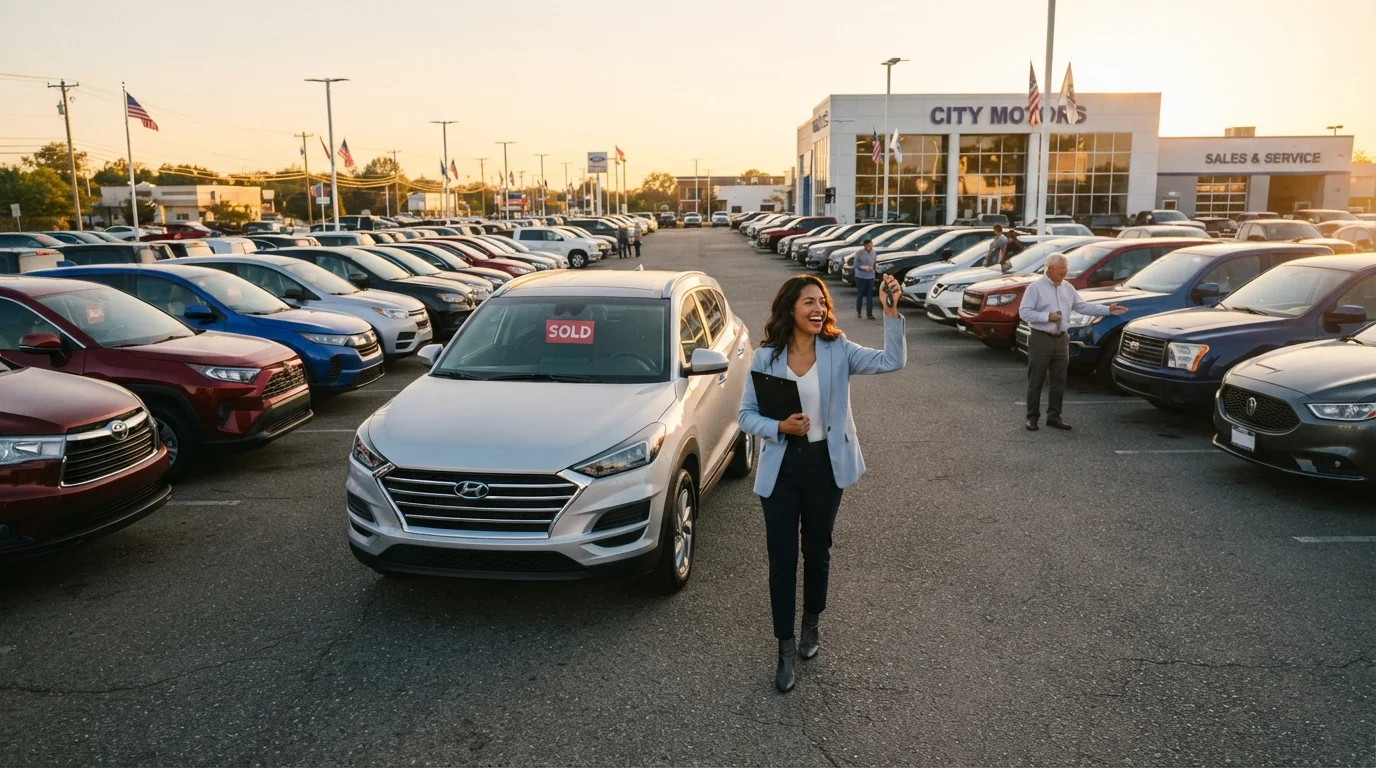 A first-time car buyer holding keys and a clipboard on a dealership lot at golden hour