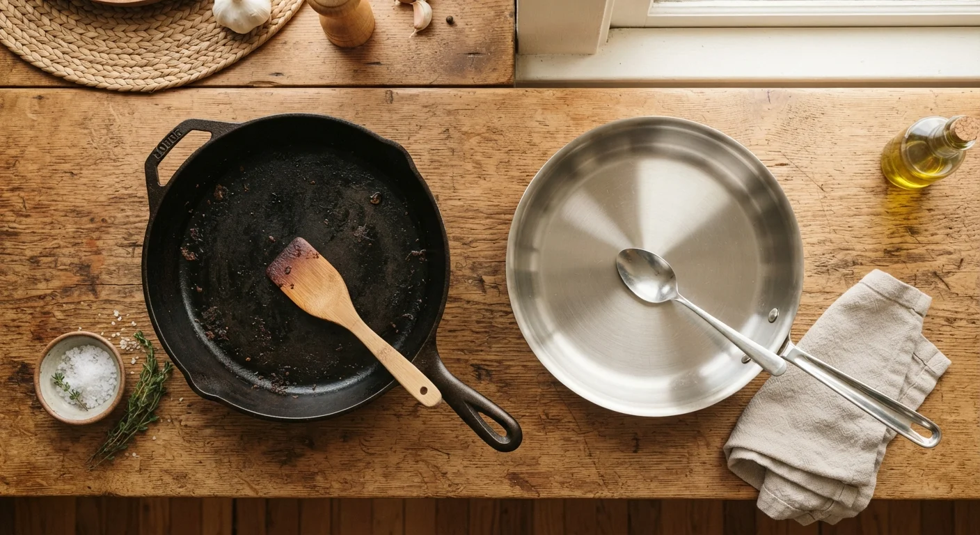 A cast iron skillet and a stainless steel pan placed side by side on a wooden surface.