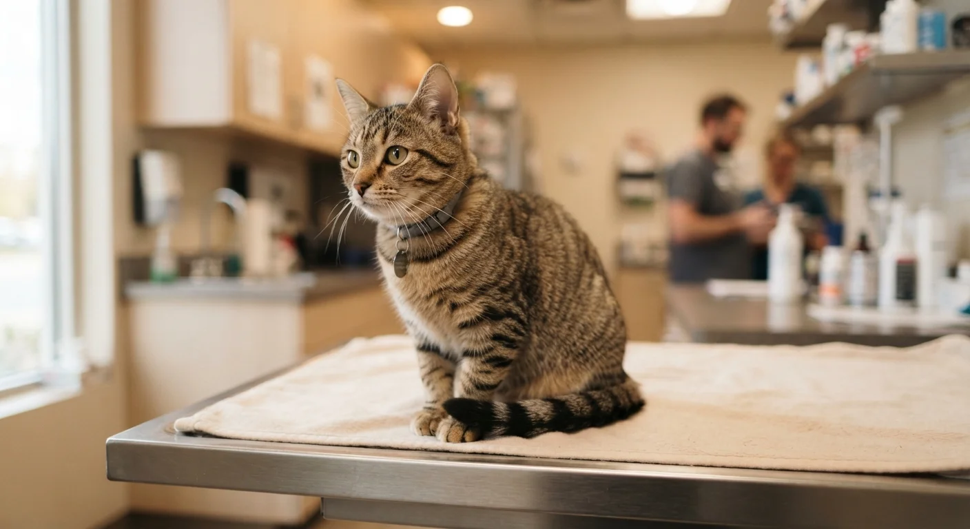 A tabby cat sitting calmly on a veterinary examination table during a checkup