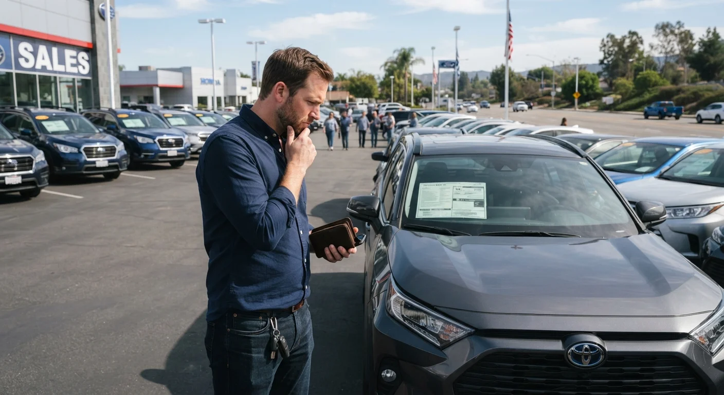 A car buyer carefully examining window sticker prices on vehicles at a dealership lot