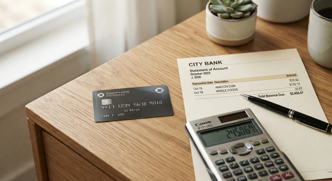 Credit card resting on a financial statement beside a calculator on a wooden desk.