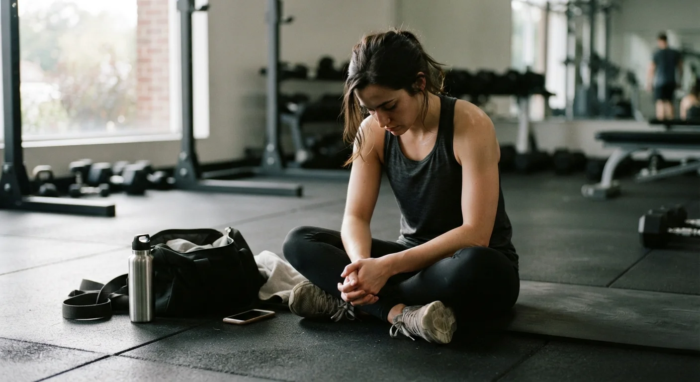 A person sitting on a gym floor looking discouraged with workout equipment nearby