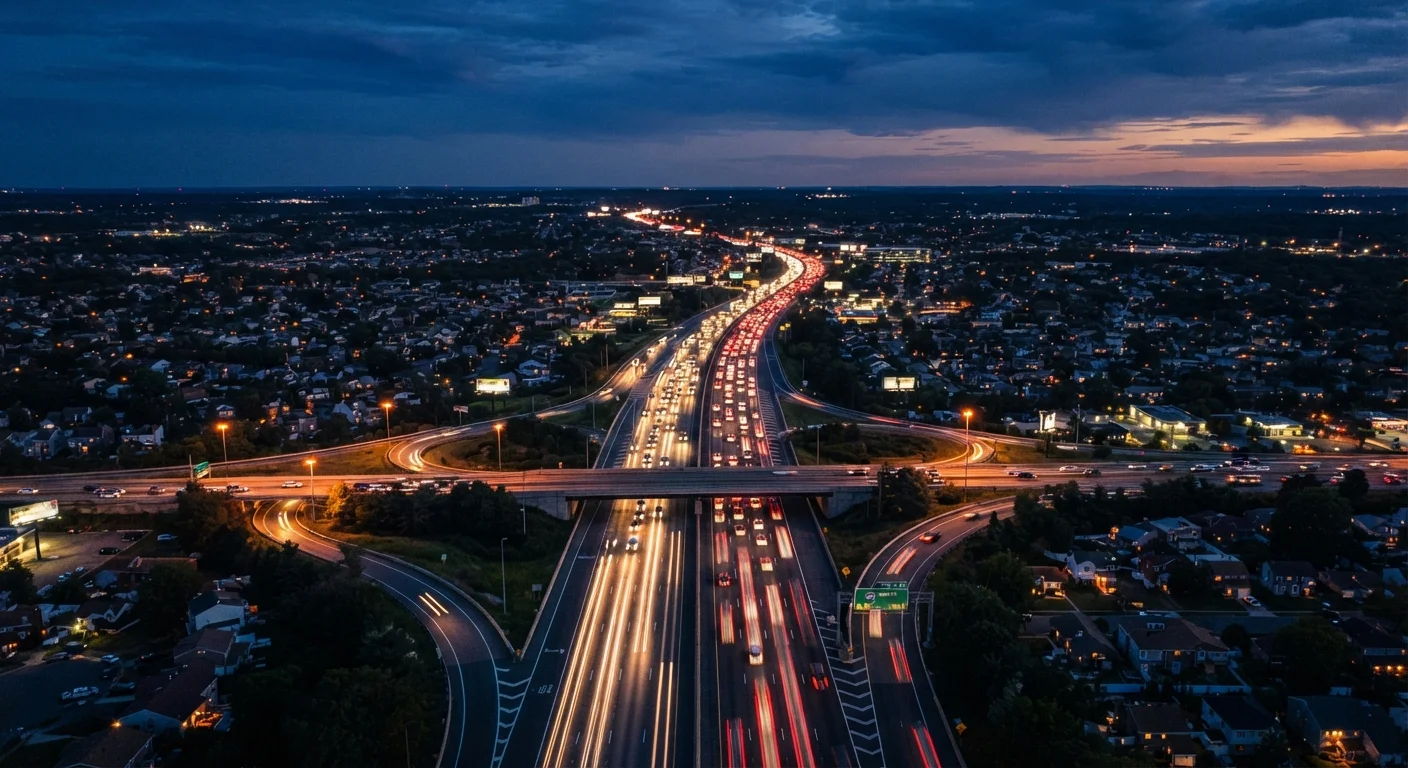 Aerial view of a congested American highway at dusk with streams of car headlights