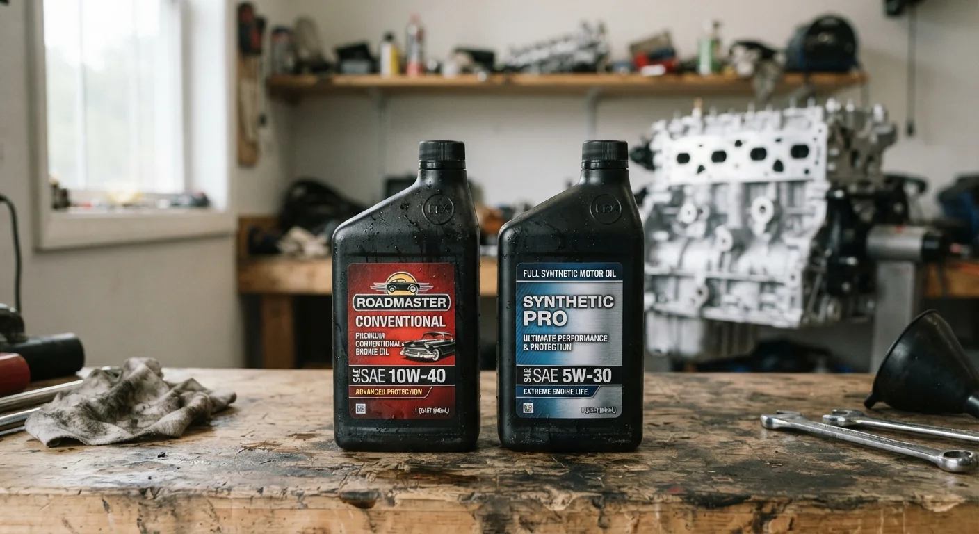 Two motor oil bottles, one conventional and one synthetic, placed side by side on a garage workbench