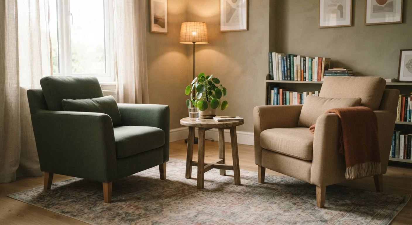 Two chairs facing each other in a warmly lit, calm therapy office setting