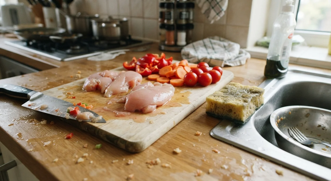 Raw chicken and fresh vegetables on the same cutting board in a home kitchen, illustrating cross-contamination risk.