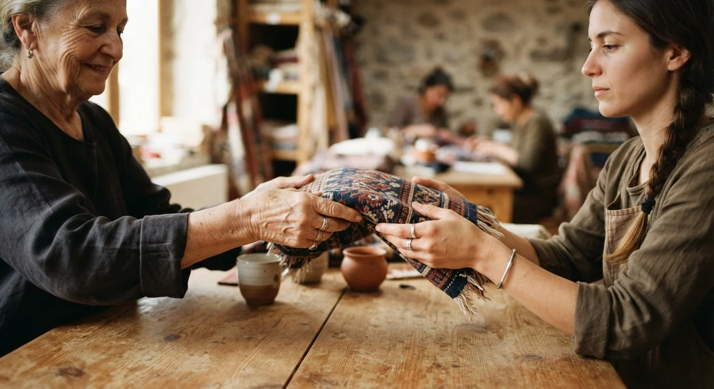 Two hands exchanging a colorfully patterned cultural textile across a table in warm light