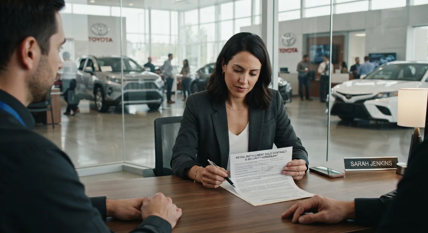Car buyer reviewing financing paperwork at a dealership desk with showroom in background
