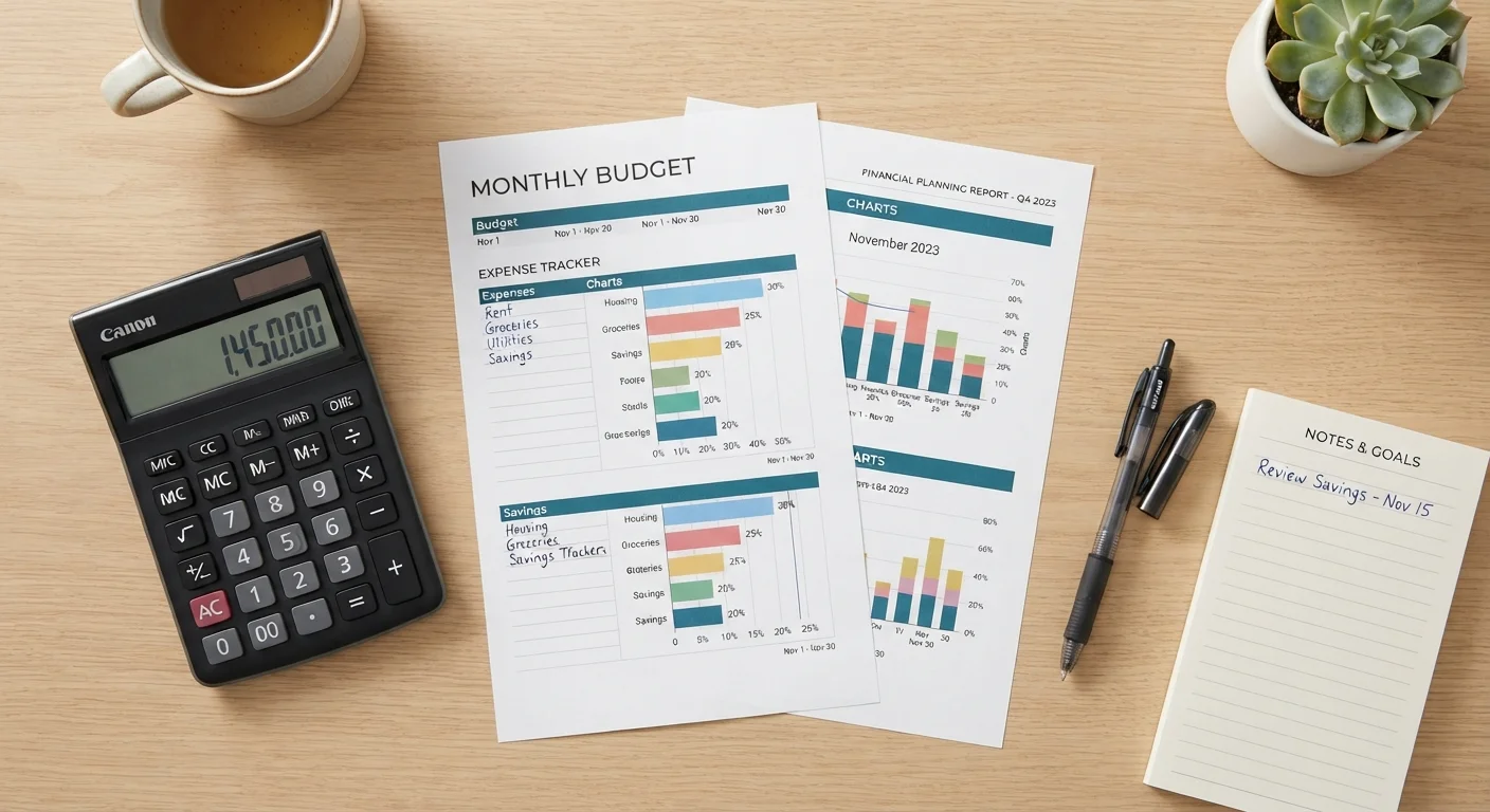 Calculator and financial documents on a desk representing debt and income calculations
