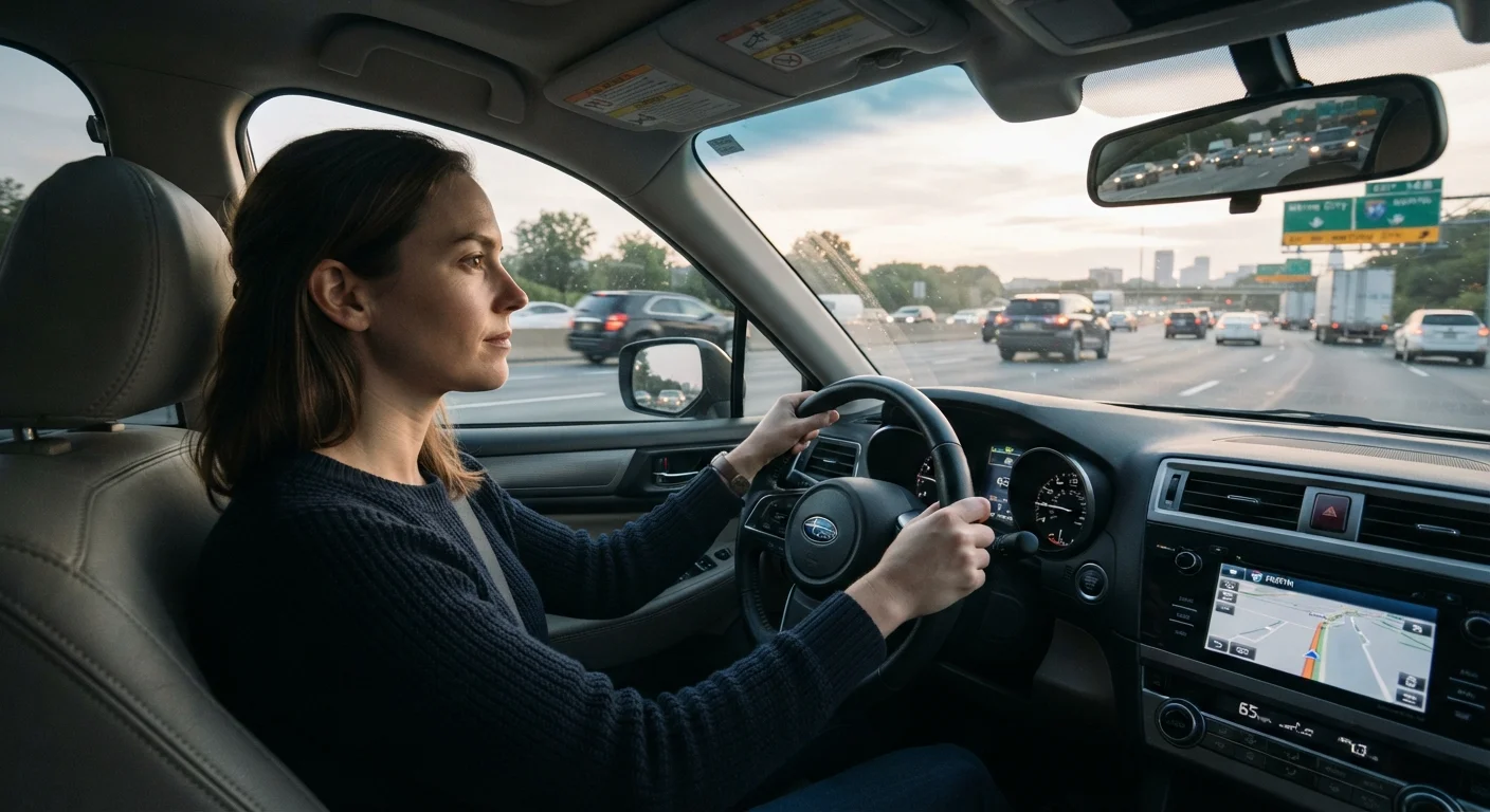 Alert driver with both hands on the wheel scanning a busy highway ahead