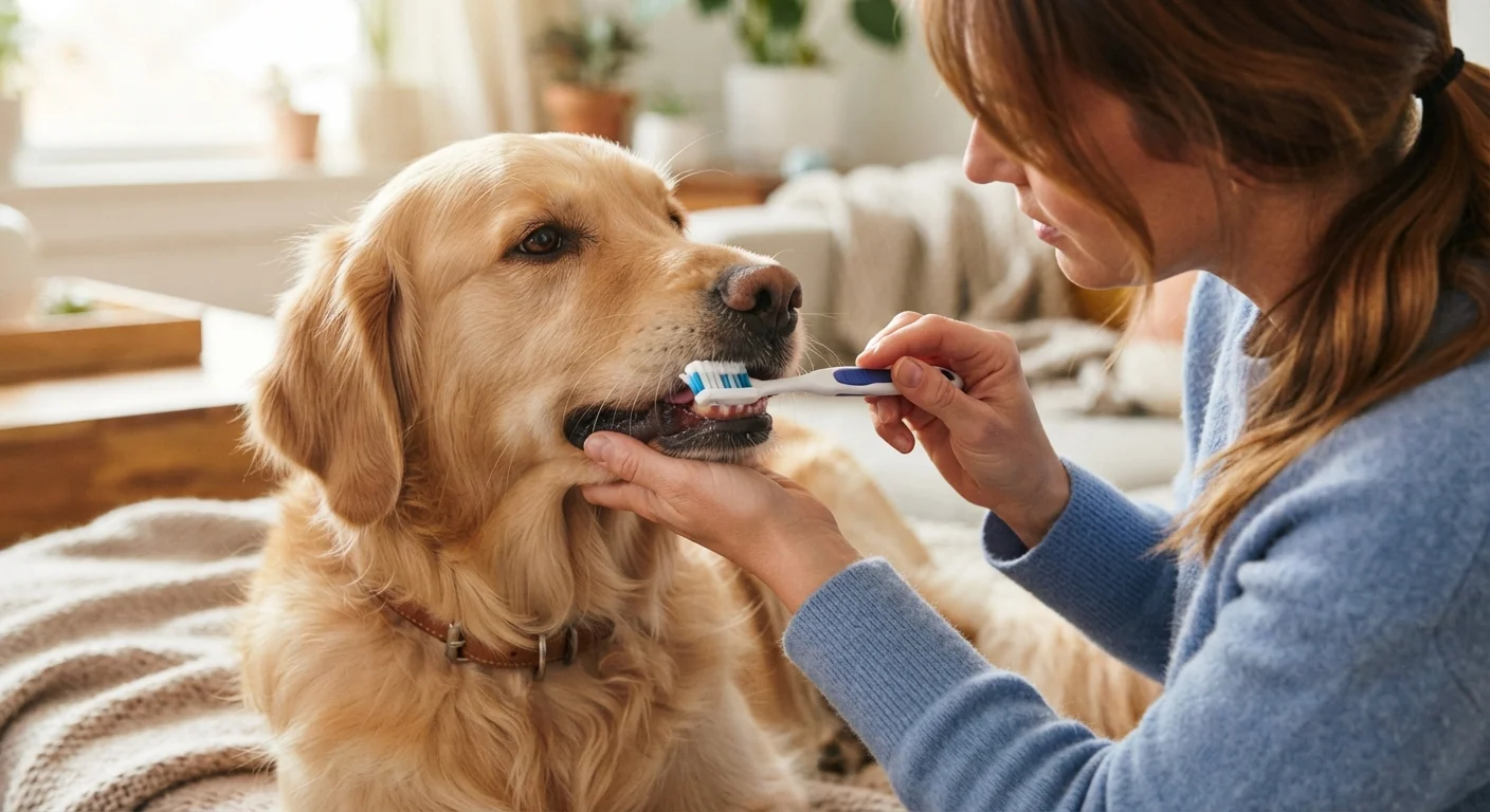 A dog owner carefully brushing their golden retriever's teeth with a soft toothbrush.