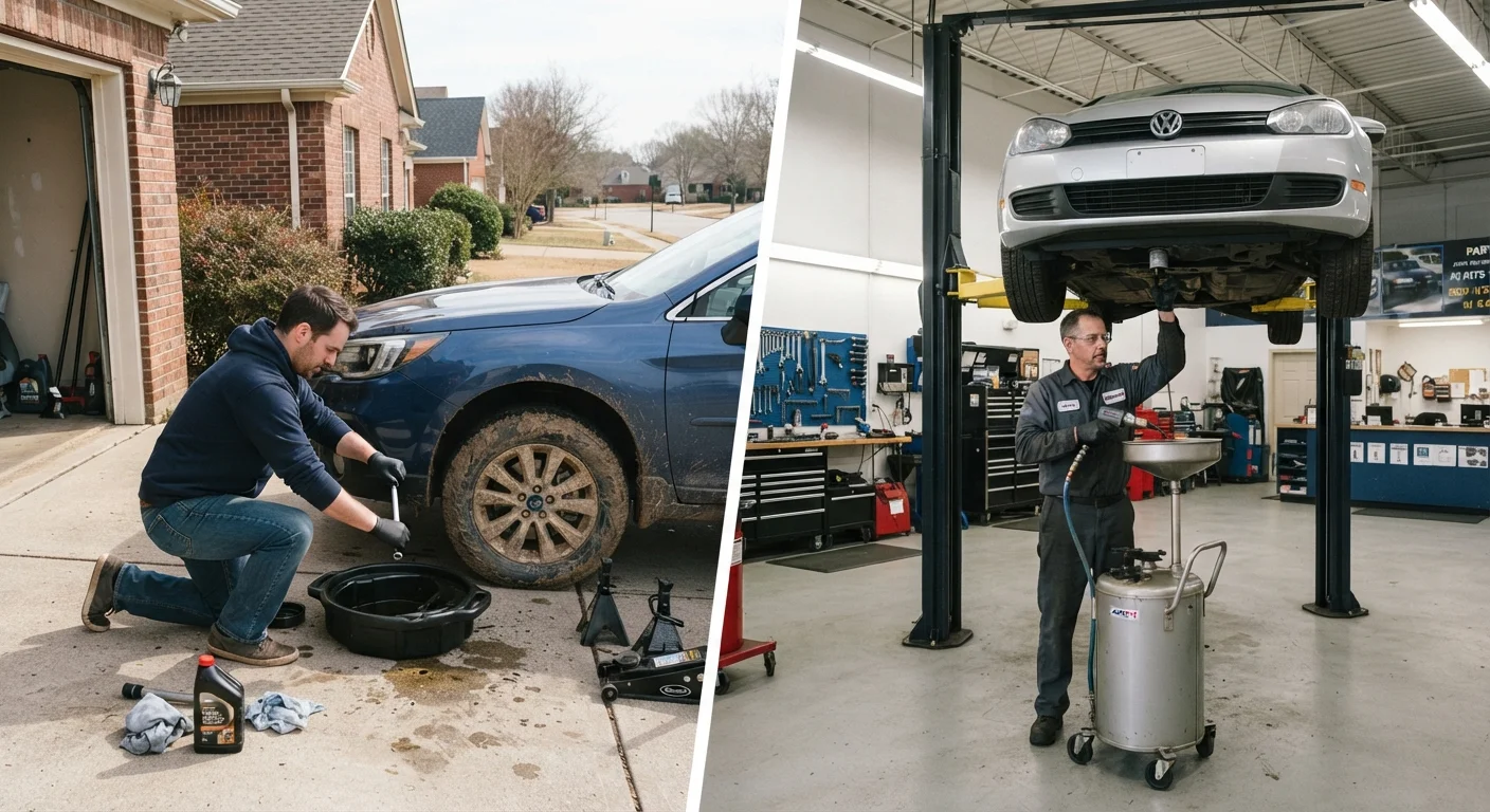 Side-by-side view of a DIY oil change in a driveway and a mechanic working in a professional auto shop