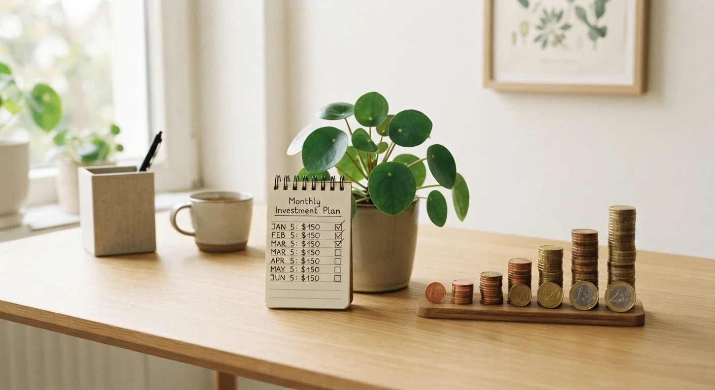 A desk with a recurring investment schedule notepad, ascending coin stacks, and a small growing plant.