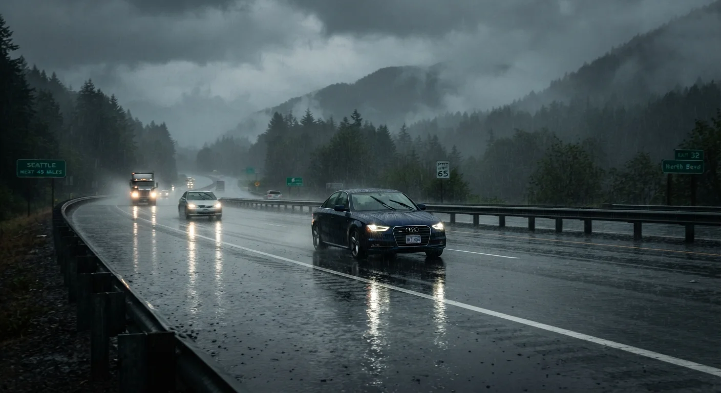 A car driving carefully on a rain-soaked highway with headlights on and mist in the air
