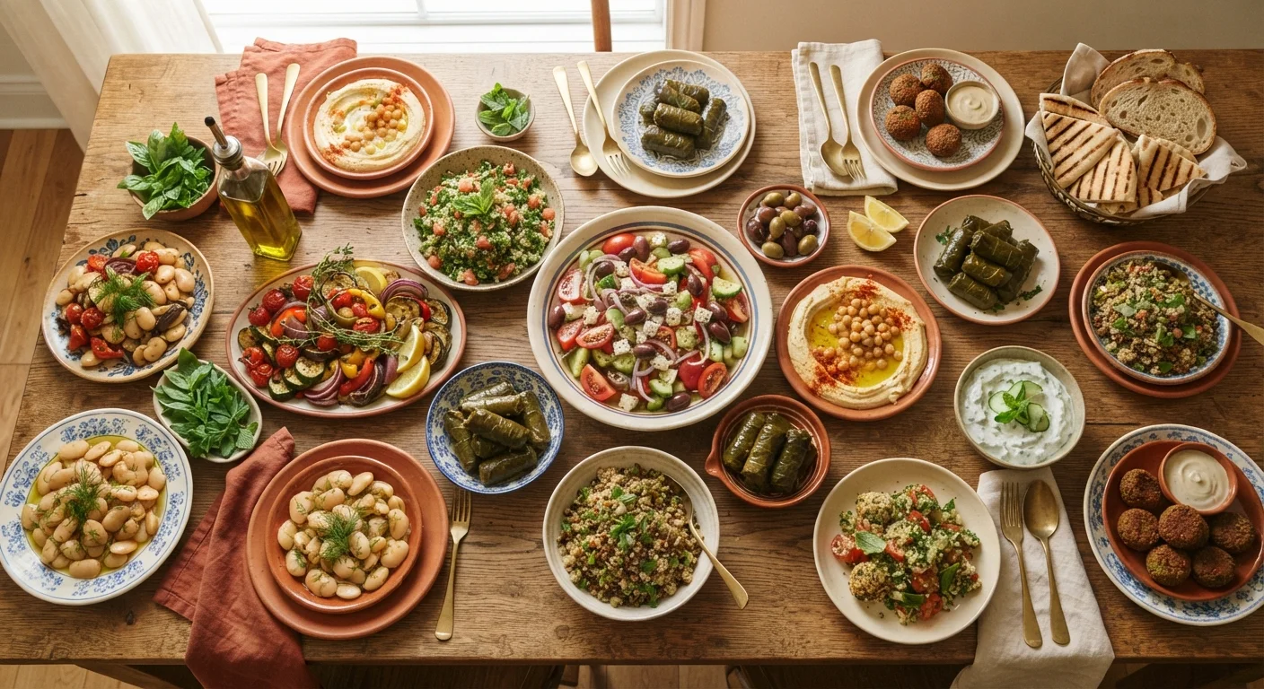 Colorful spread of whole foods including vegetables, legumes, grains, and olive oil on a wooden table.