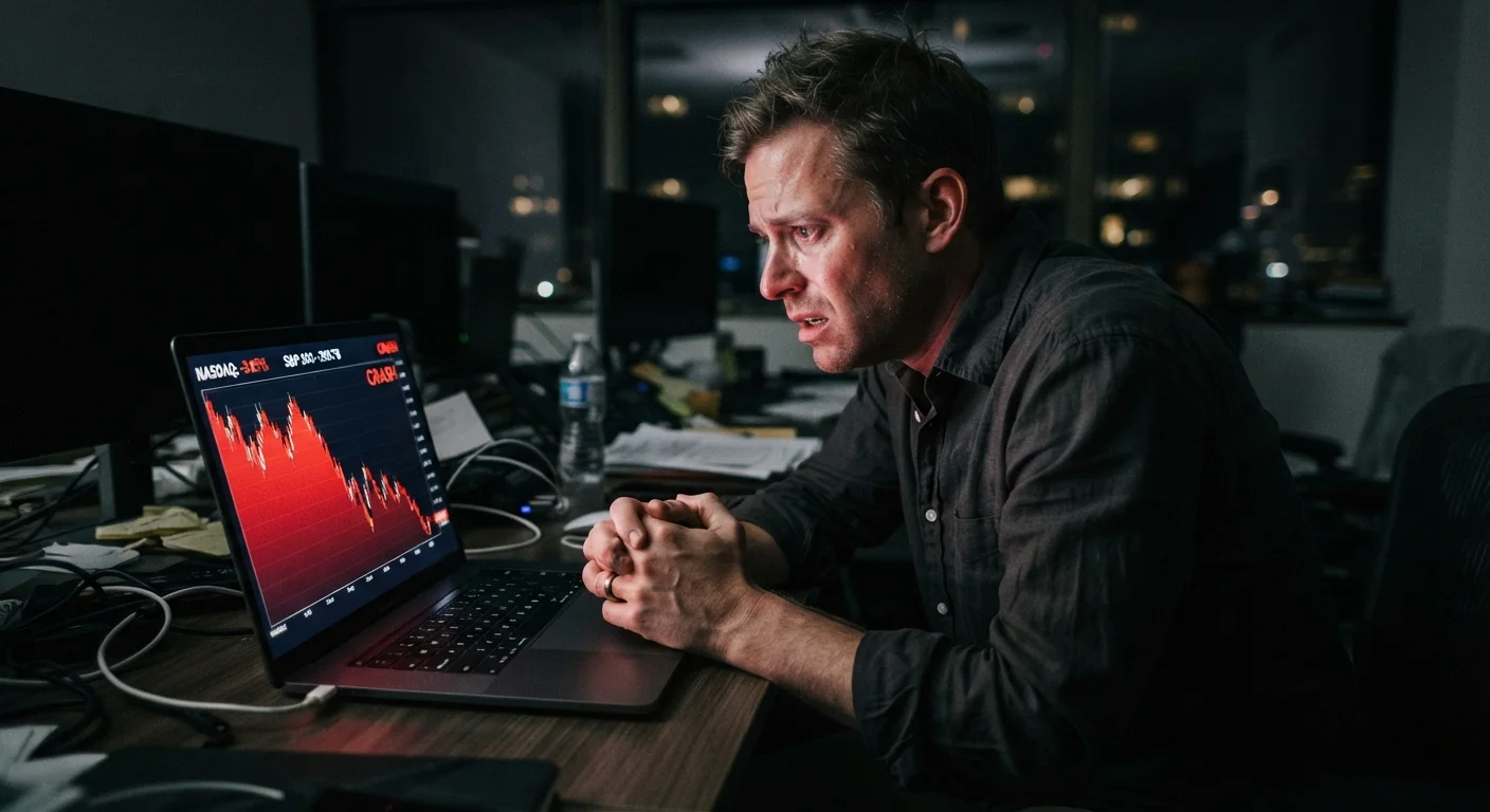 Anxious investor watching a declining stock market graph on a laptop screen.