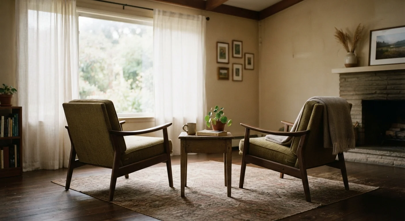Two empty chairs facing away from each other in a softly lit living room