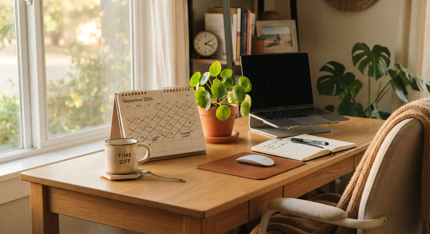 A tidy office desk with a calendar, plant, and coffee mug suggesting work-life balance