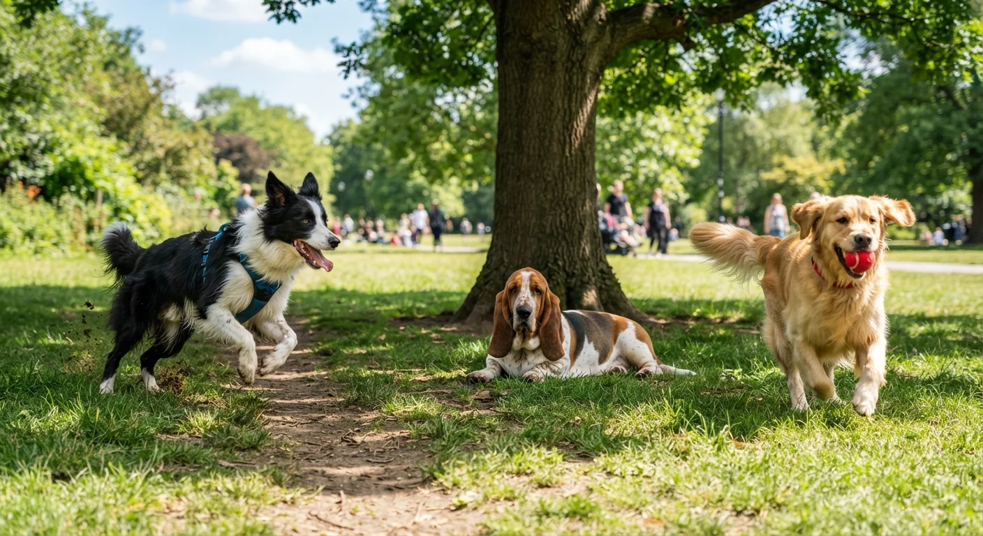 Three different dog breeds in a park showing contrasting energy levels and activity styles