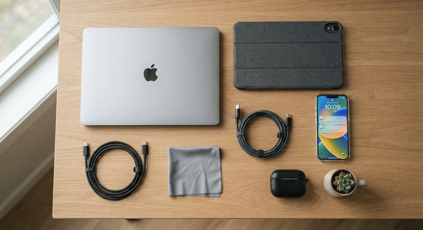 Assorted electronic devices with protective accessories laid out on a clean desk surface