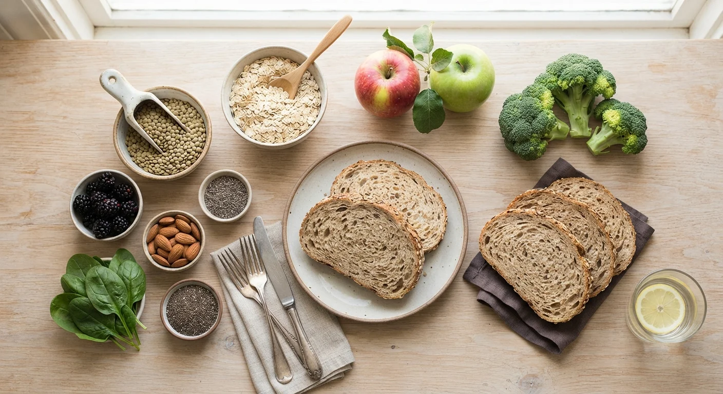 Assortment of high-fiber foods including lentils, oats, apples, broccoli, and whole grain bread